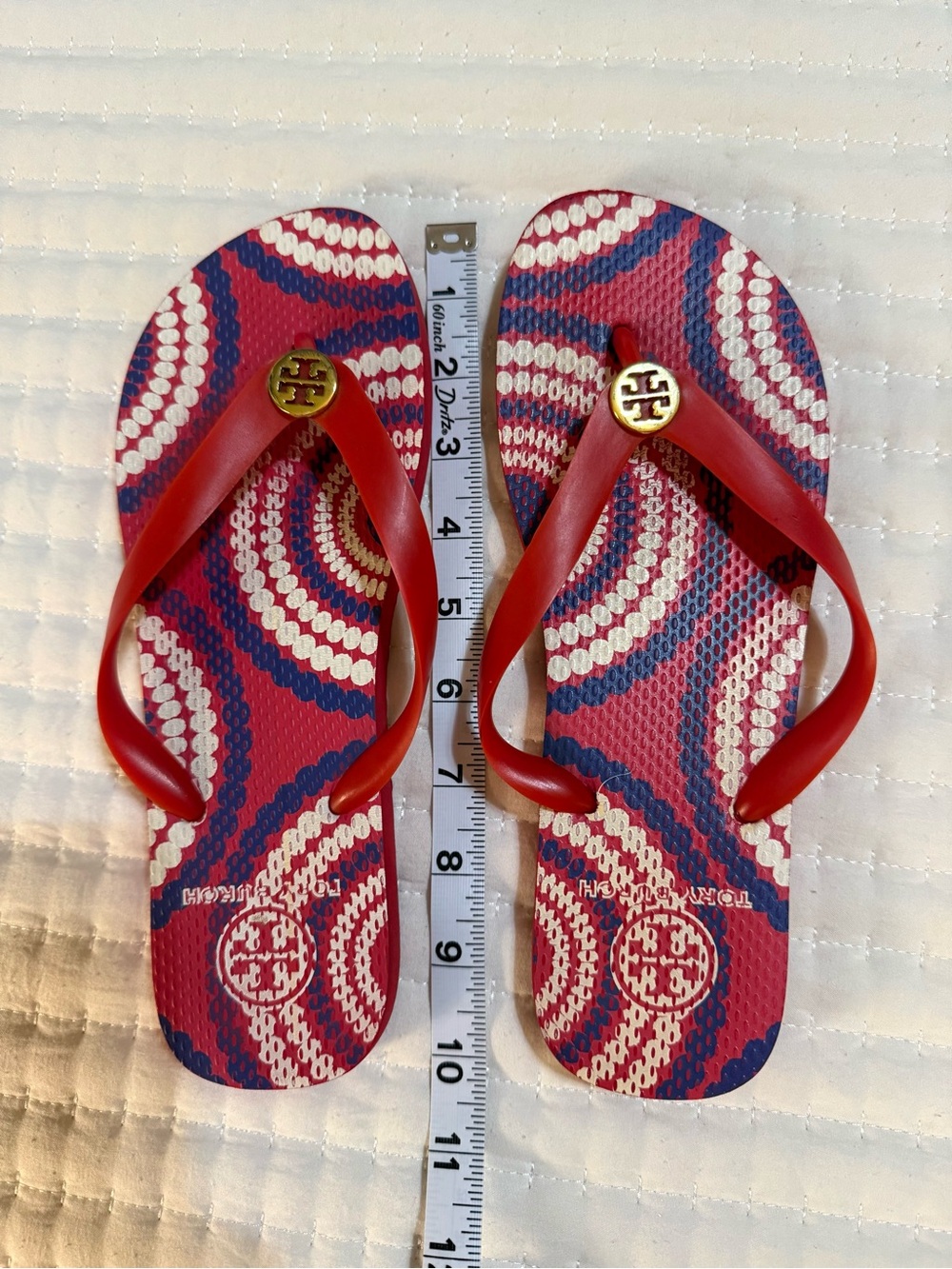 Tory Burch Red, Blue & White Patterned Flip Flop Sandals